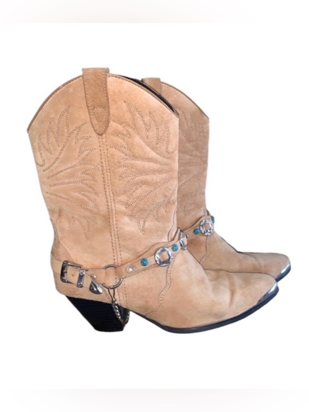 Dingo boots, women 7.5 EUC tan suede, silver/faux turquoise removable strap.